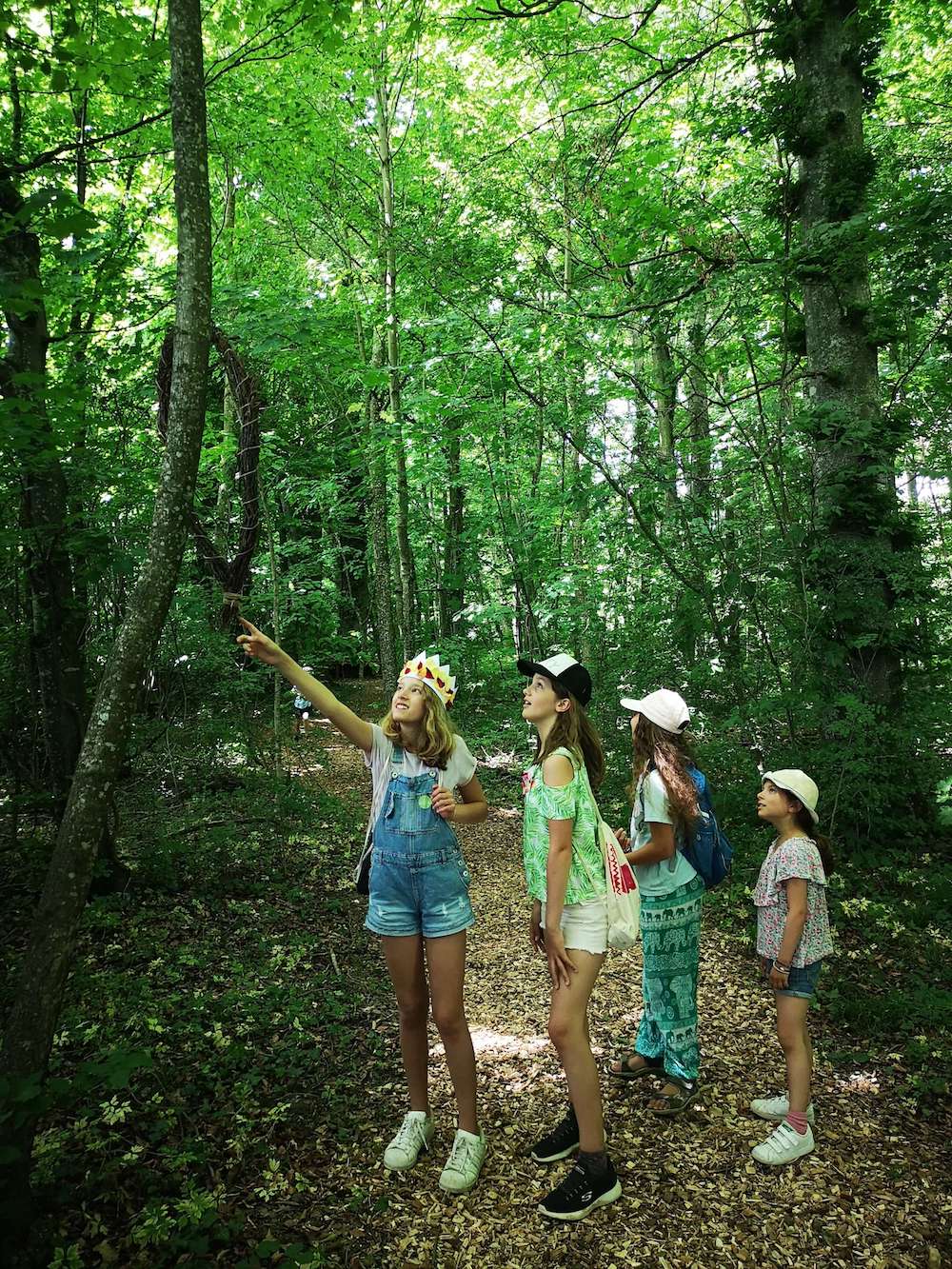 Enfants cherchant des coeurs dans la forêt.